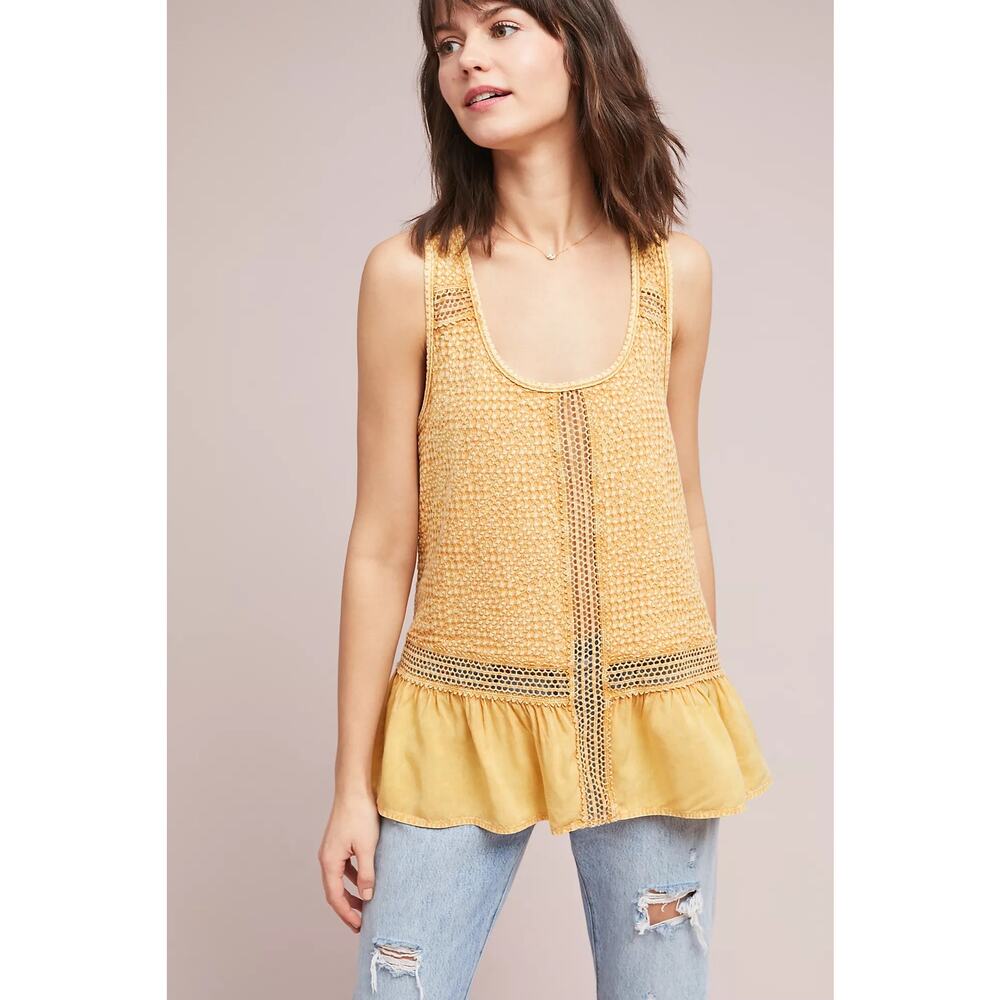 ANTHROPOLOGIE Eri + Ali Savoia Flounced Top‎ Medium Gold Yellow Embroidered Lace